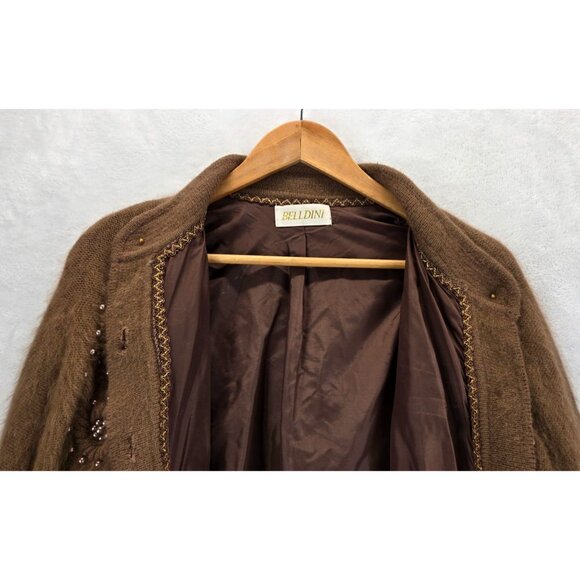 Coco Brown Fuzzy Wool Sweater Cardigan Vtg 80s M Belldini Pearl Beads Angora - Picture 8 of 15